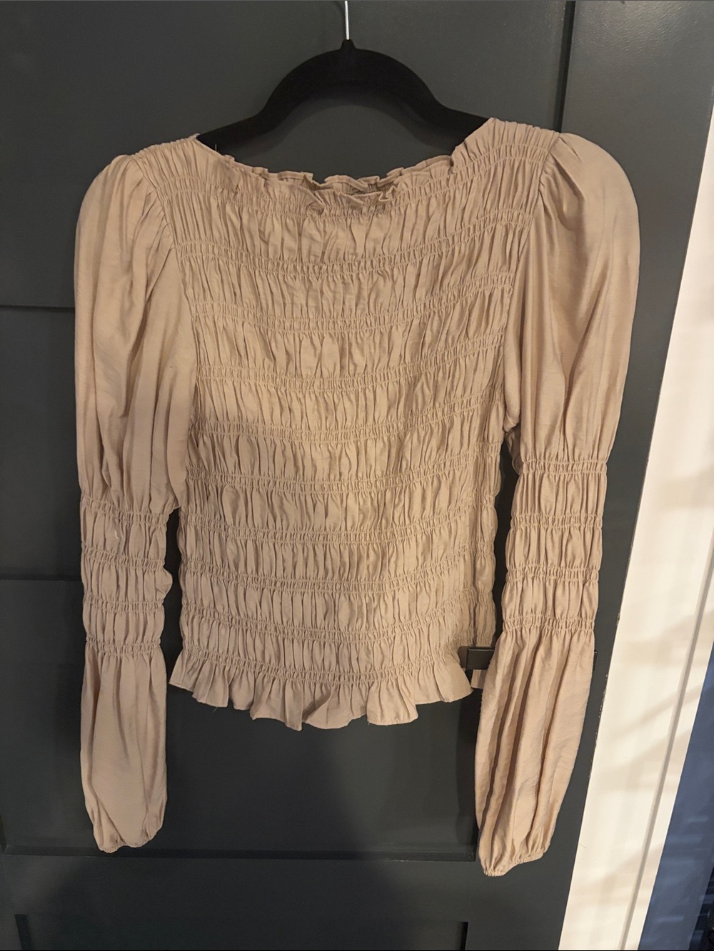 Smocked Long-Sleeve Peasant Top in Beige